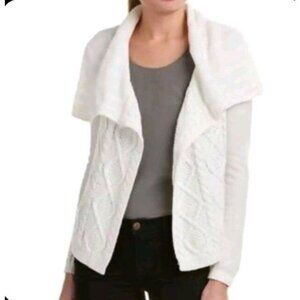 CAbi Cardigan Women Large White Cable Knit Open Shawl Collar Cotton Sweater #193